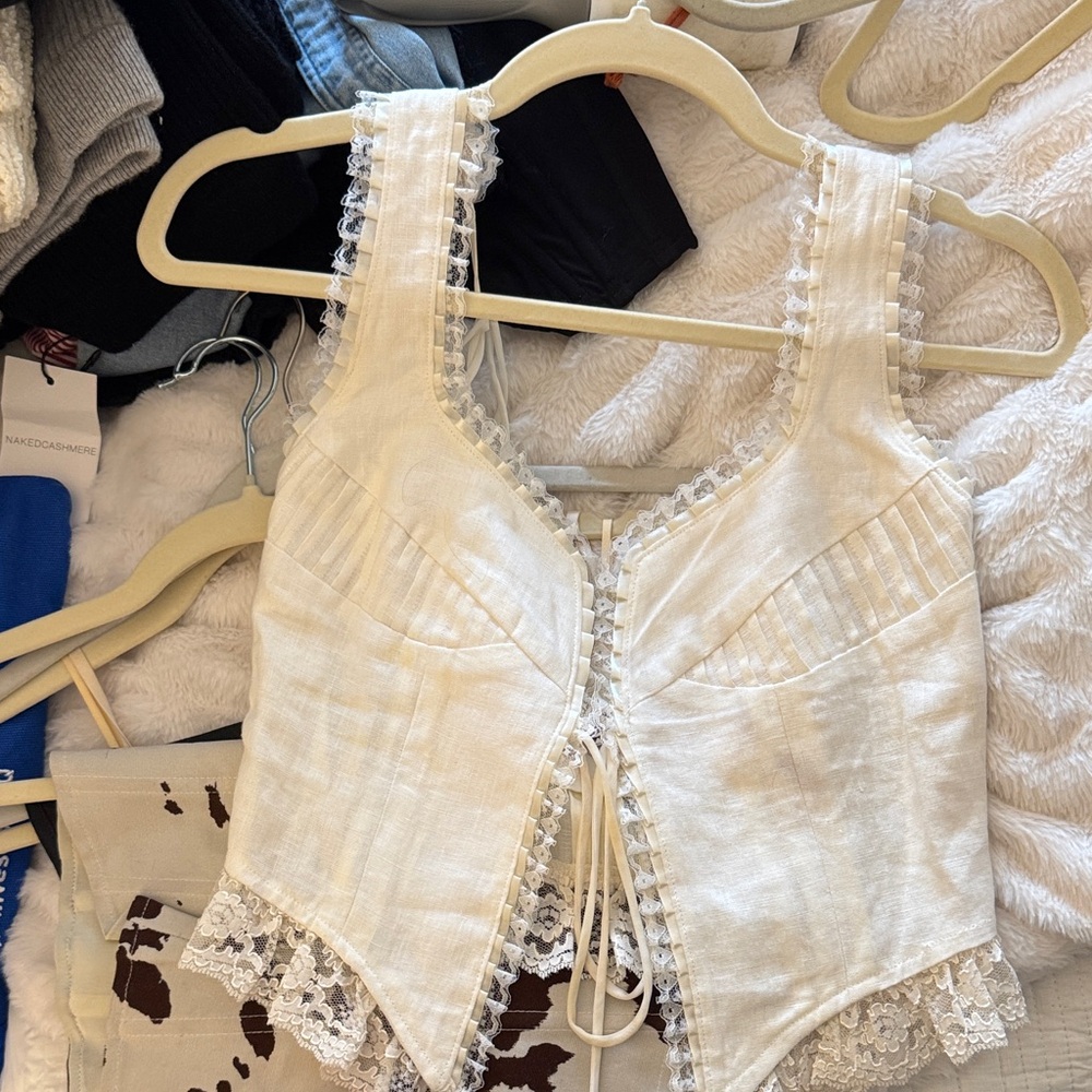Lace-Trim White Linen Corset Tank Top